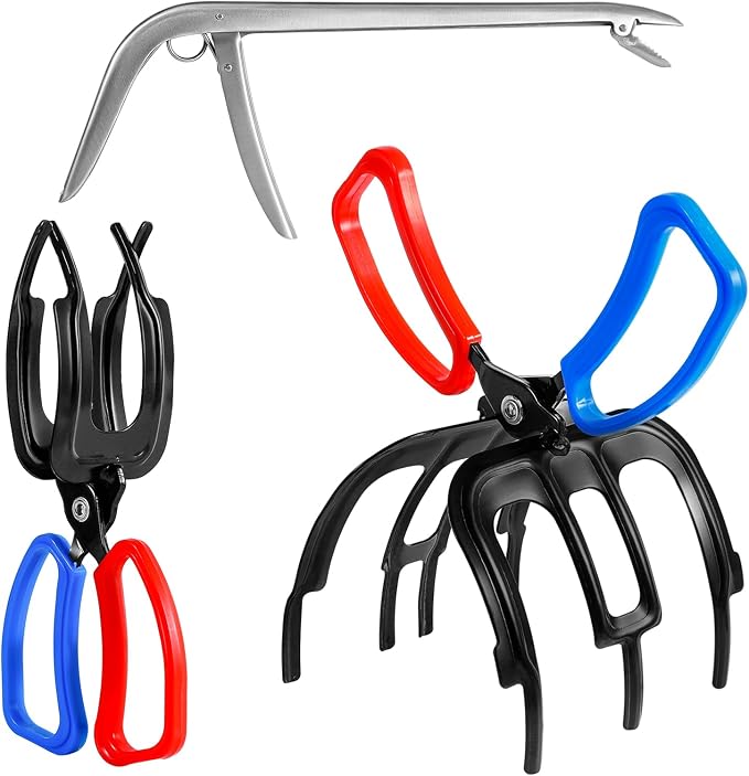 3 Packs Upgrade 2/3 Claw Fish Gripper with Stainless Steel Hook Remover, Metal Fishing Pliers Gripper Catch Control Clamp,Fish Grip Tackle Holder & Steel Dehooker for Freshwater and Saltwater Fishing