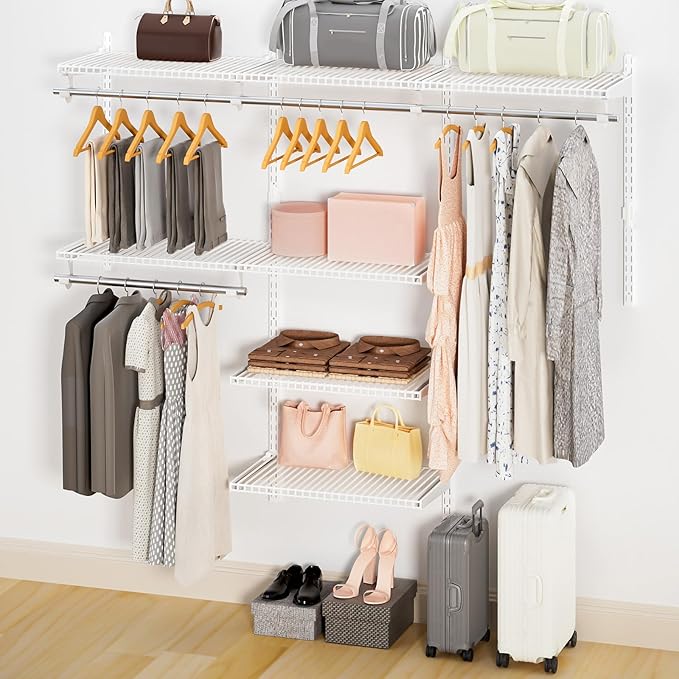 Wire Closet Organizer System, Wall Mounted 6.5 Ft. Custom Closet Kit for Bedrooms, Adjustable Storage Shelves for Clothes, Shoes, and Handbags