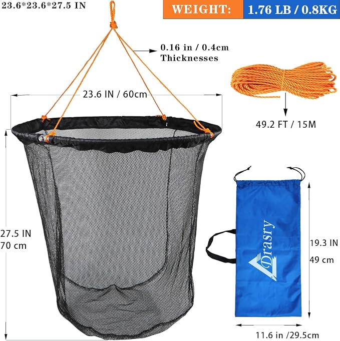 Drasry Foldable Bridge and Pier Fishing Landing Net - High Load-Bearing Aluminum Ring Drop Net for Saltwater Freshwater - Collapsible Basket With 49.2 FT Rope