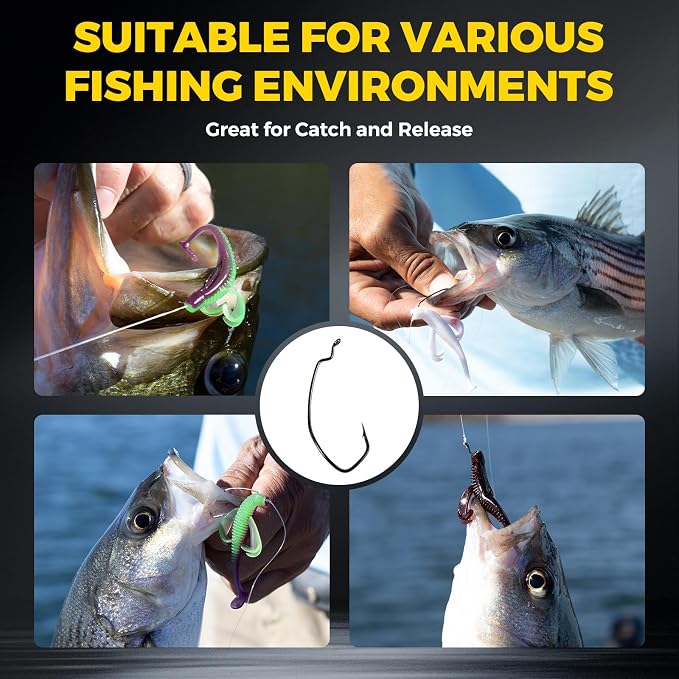Drop Shot Hooks, 100pcs Improve EWG Worm Hooks, Bass Fishing Hooks for Freshwater and Saltwater, High Carbon Steel Texas Rig Hooks with Portable Plastic Box, Black