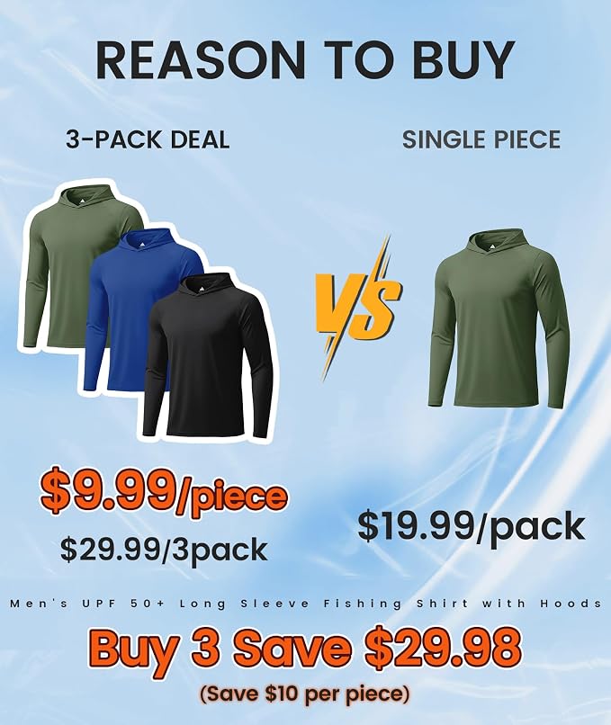 ZITY 3 Pack Men's Sun Protection Hoodie Shirt Fishing Shirts for Men UPF 50+ Long Sleeve Shirt Lightweight Rash Guard