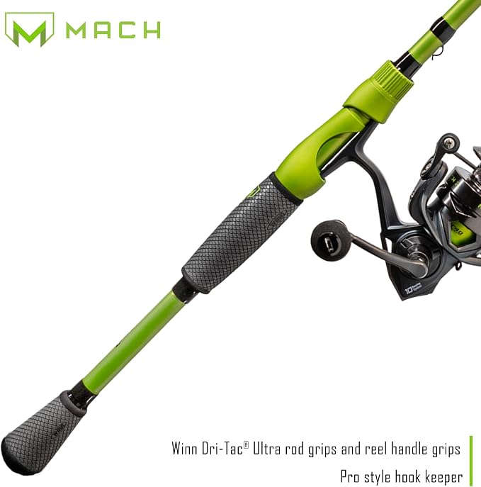 Lew's MACH 2 Spinning Reel and Fishing Rod Combo, IM8 Graphite Blank Fishing Rod, Right or Left-Hand Retrieve, Winn Dri-Tac Ultra Handle, Black/Green