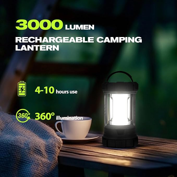 elesall Camping Lantern, 3000LM LED Rechargeable Battery Operated Lantern, 5 Light Modes, COB Waterproof Lantern Flashlight, Camping Light for Power Outage, Hurricane, Survival, Hiking(Black)