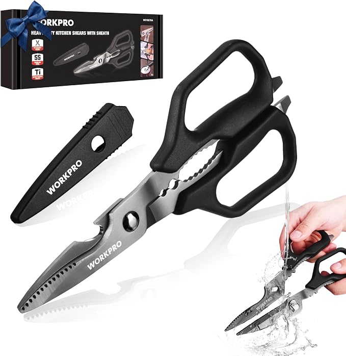 WORKPRO Kitchen Scissors, All Purpose Kitchen Shears with Detachable Stainless Steel Blades, Titanium Coated for Easy Cleaning, Heavy Duty for Meat, Fish, Nuts, Vegetables, Protective Cover Included