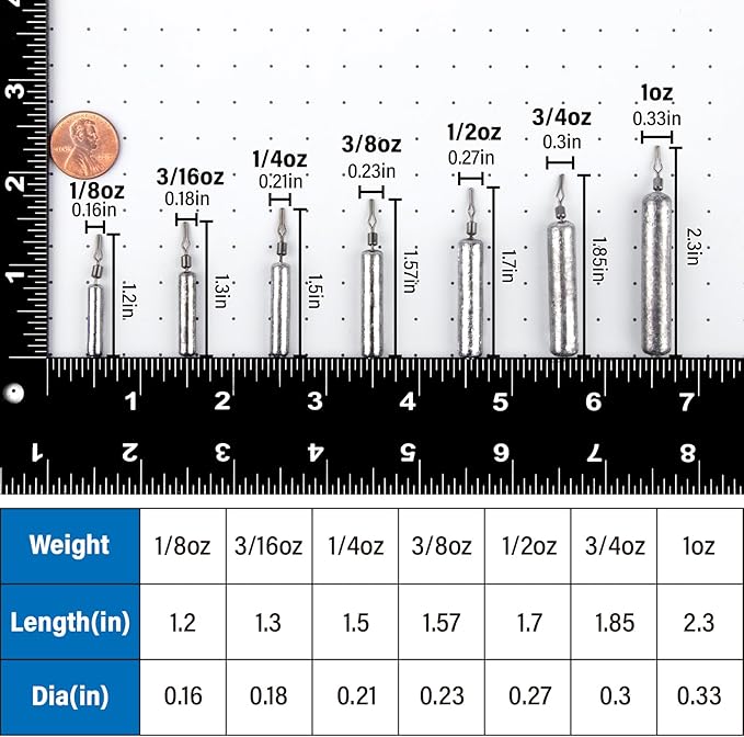 Alwonder 30-Pack Fishing Drop Shot Weights Sinkers Lead Dropshot Rig Weights Freshwater Saltwater Skinny Pencil Shaped Sinker with Rolling Swivel for Bass Fishing 1/8oz- 1oz