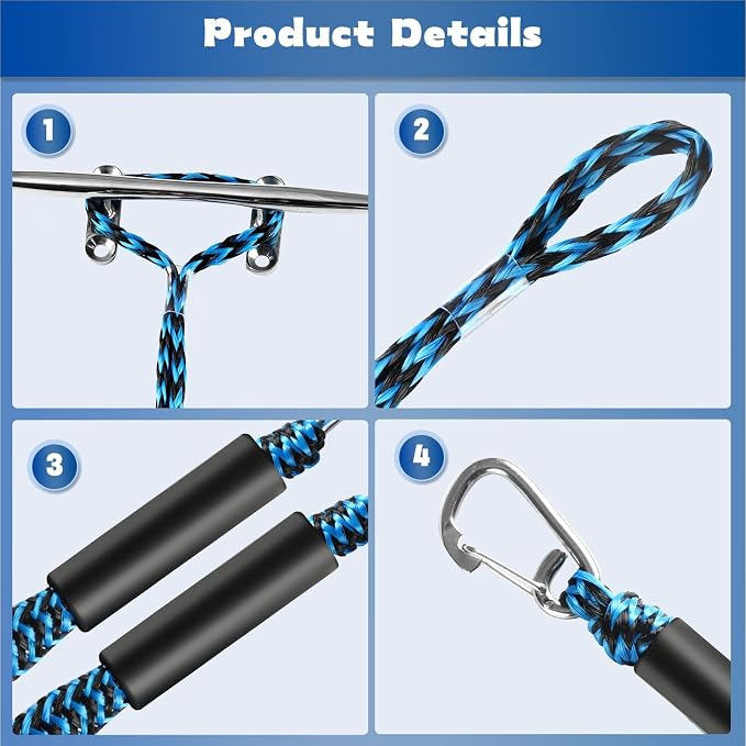 Bungee Dock Line with Stainless Steel Clip – Boat Dock Rope with Foam Float for Kayak, Canoe, Pontoon, Watercraft, SeaDoo, Docking – 4–5.5 ft, 2 Pack（Blue&Black）