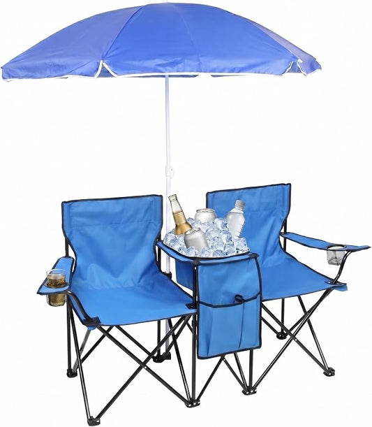 2-Person Folding Beach Chair with Removable Umbrella, Double Camping Chair with Built-in Cooler Bag & Cup Holders, Portable Outdoor Loveseat for Picnic, Fishing and Sports, Blue