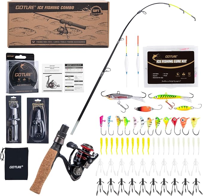 Goture Ice Fishing Rod and Reel Combo with Carry Bag, 24''Medium Spinning Ice Fishing Pole, 58Pcs Jigs & Lures with Storage Box, Line,Fish Gripper, Pliers and Tools for Trout Bass Walleye