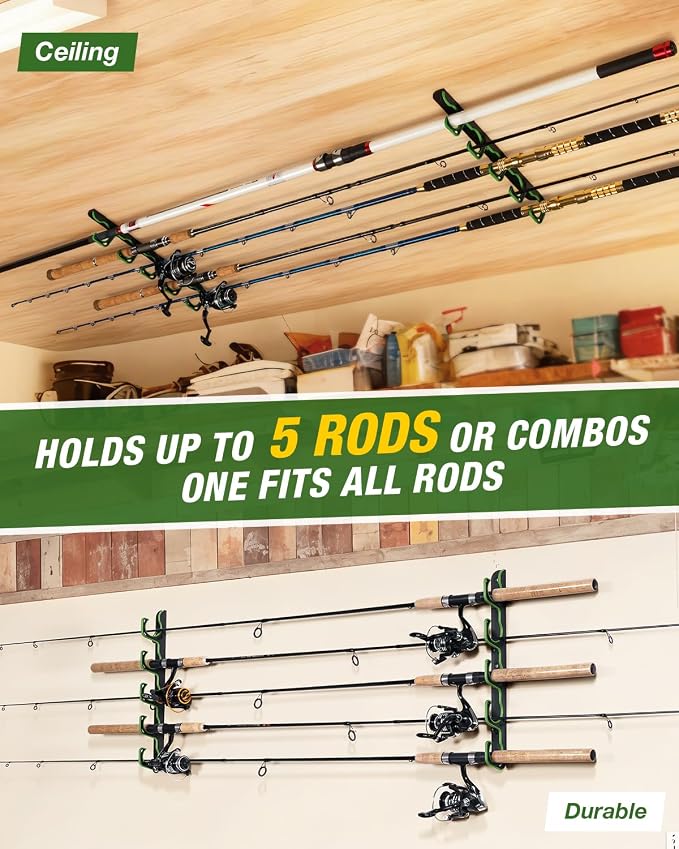 Ghosthorn Fishing Rod Holders for Garage Fishing Pole Holders Ceiling or Wall Mounted Fishing Rod Rack garage Storage Organizer Fishing Gear Equipment for Men Women (Green, 3 Packs)