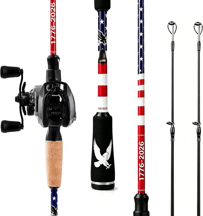 DC Baitcasting Reel Combo with Smart Digital Brake, Anti-Backlash, USA 250th Anniversary Design Fishing Rod, Signature DC Sound, Easy-Control 7.1:1 Baitcaster for Beginners & Bass Fishing