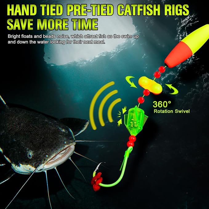 PROBEROS Catfish Fishing Rigs - Bank Fishing Set with 5pcs/Set, 6/0, 8/0, 10/0 Circle Hooks Circle Hooks, High Visibility, Ready to Use Catfish Rigs