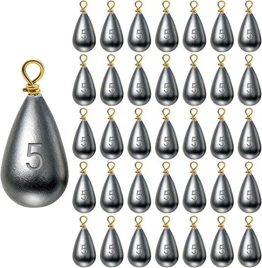Casting Sinker Weights Assortment, Teardrop Fishing Sinkers with Brass Swivel Loops, 1/8 oz to 3/4 oz, Drop Shot Weights for Bass Catfish, Freshwater Saltwater