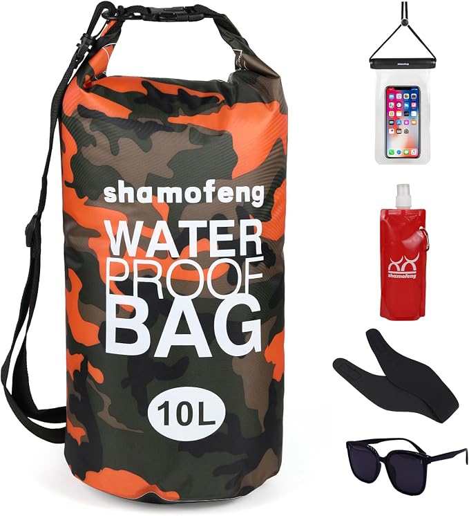 Waterproof Dry Bag 5L/10L/15L/20L/30L Roll Top Dry Storage Backpack with Phone Case, Collapsible Water Bottle, Sunglasses, Ear Band for Kayaking Boating Swimming Fishing Camping, Orange 15L