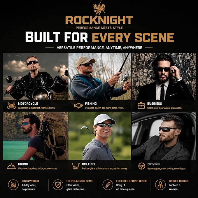 ROCKNIGHT Polarized Rectangular Sunglasses for Men Driving UV400 Protection Lightweight Al‑Mg Frame