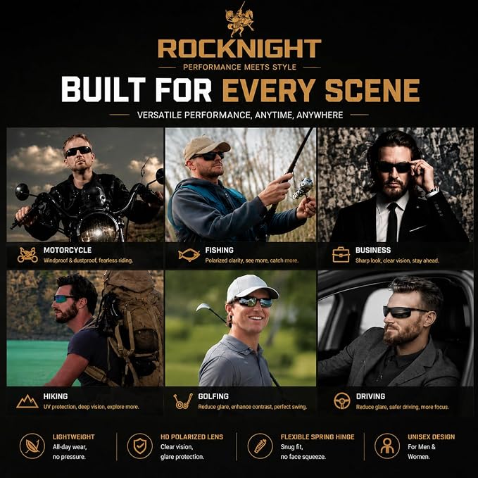ROCKNIGHT Polarized Rectangular Sunglasses for Men Driving UV400 Protection Lightweight Al‑Mg Frame