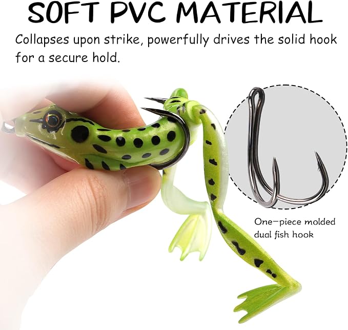 Weedless Topwater Frog Lures - 5PCS Hollow Body Frog Lures for Walleye Fishing, Realistic Soft Plastic Swimbaits with Double Hooks for Freshwater Saltwater, Musky Pike Trout Snakehead