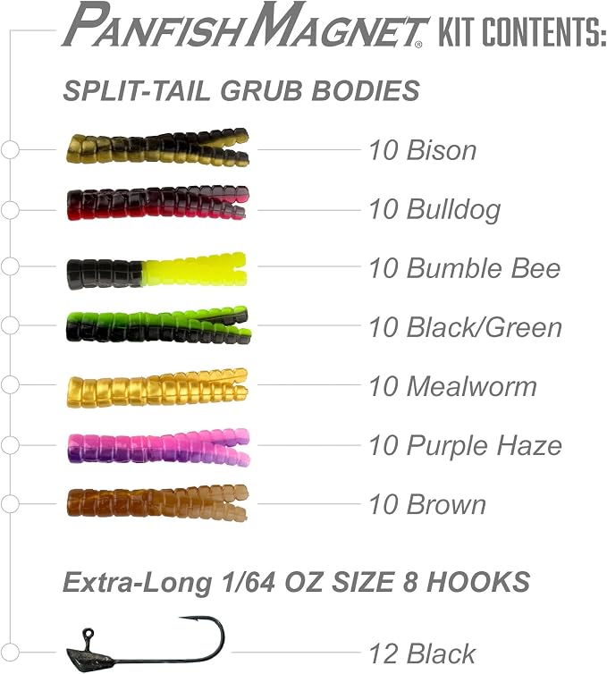 Trout Magnet 82 Piece Panfish Magnet Kit, with A Longer Shad Dart Hook, Includes 70 Split Tail Grub Bodies, 12 Black Size 8 Mustad Hooks, Catches All Types of Fish
