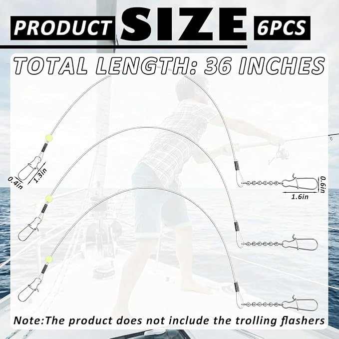 Threlaco 6 Pcs Trolling Bumper for Trolling Flashers Dodgers Fishing Leader Saltwater Leader Line Bottom Rigs Clear Nylon Surf Fishing Steel Tackle Rigs with Swivel Snaps Beads