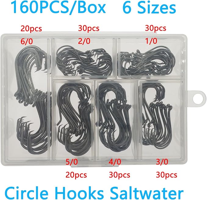 Afmivs Fishing Hooks Saltwater, 160PCS Circle Hooks Saltwater, Fish Hooks for Fishing Gear Tackle, Catfish Octopus Hook #1 1/0 2/0 3/0 4/0 5/0 6/0 8/0 Black High Carbon Steel with Portable Plastic Box