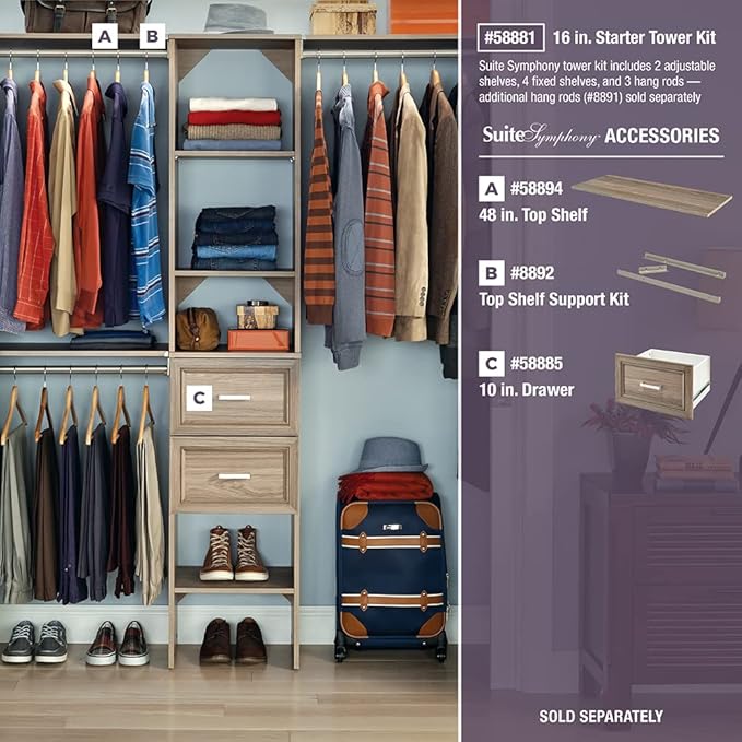 ClosetMaid SuiteSymphony Wood Closet Drawer, Add On Accessory, Shaker Style, For Storage, Closet, Clothes, 16” x 10” Size for 16 in. Units, Natural Gray