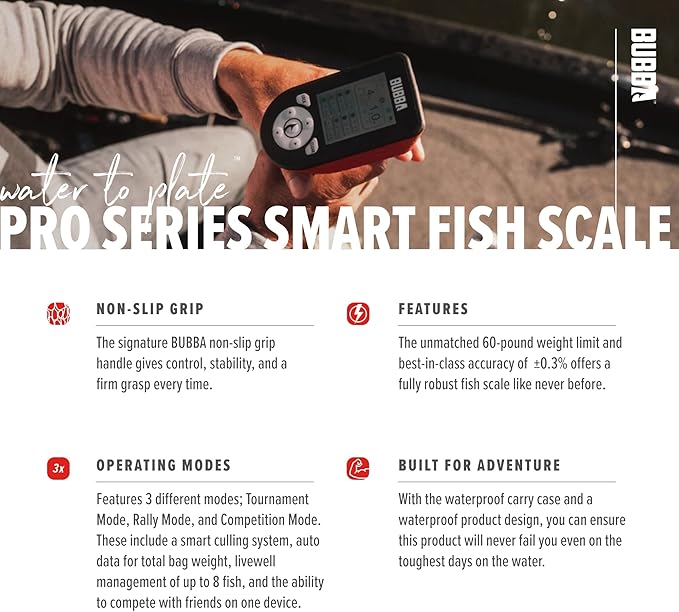 BUBBA Pro Series Smart Fish Scale - Tournament Fishing Tool with Bluetooth & Rechargeable Battery - 3 Modes, Digital Color Screen, 60lb Limit