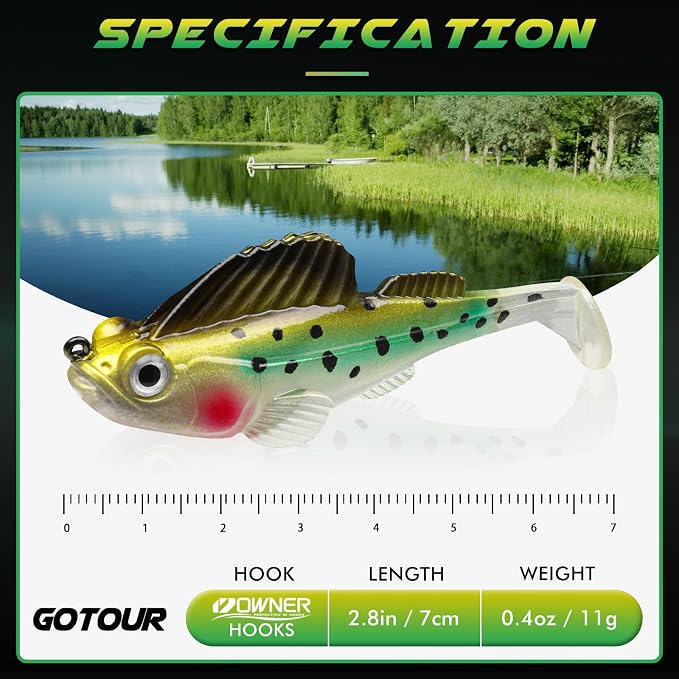 GOTOUR Pre-Rigged Soft Fishing Lures with Weedless Hook, Lifelike Paddle Tail Swimbaits for Bass Fishing, Freshwater & Saltwater Fishing Bait, Fishing Tackle for Bass, Pike, Trout, and Walleye