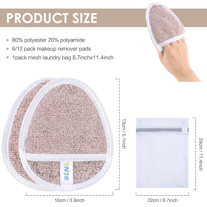 SINLAND Reusable Makeup Remover Pads For Face,Eye,Lips Microfiber Gentle Facial Cleansing Cloths for All Skin Types Friendly for Makeup Remover With Laundry Bag 5.1inchx3.93inch Pack of 12
