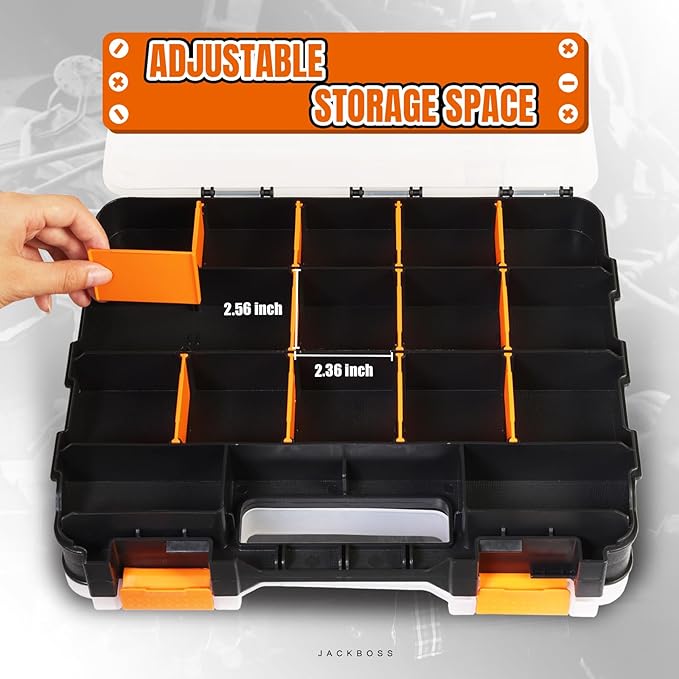 Jack Boss Tool Box with Transparent Lid, Double Side 34-Compartments Organizer Box with Removable Dividers for Hardware, Screws, Bolts, Nails, Beads, Jewelry and Fishing Accessories, Orange, 1 Pack