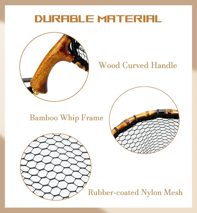 Fly Fishing Net with Release, Lightweight Trout Fishing Net with Wooden Handle Frame, Rubber-Coated Mesh Landing Nets for Minnow, Catch and Release