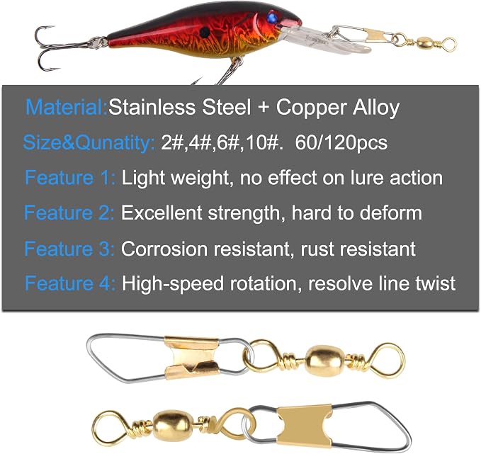 AGOOL Fishing Swivels Snaps, 60/120pcs Barrel Swivels with Nice Snaps Gold High Strength Solid Rings Line Lures Connector Fishing Tackle Accessories