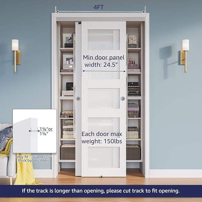 4FT Bypass Door Hardware, Closet Door Track Kit, Top-Mounted Style, Made of Heavy Duty Aluminum, Smoothly and Quietly, for 2 Doors System - Fit Min Door Panel Width of 24.5in, Silver
