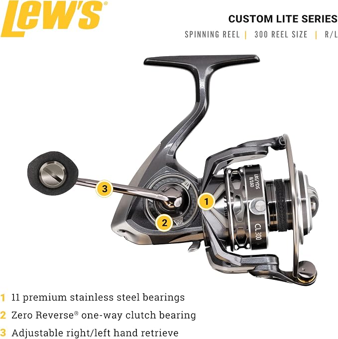 Lew's Custom Lite Spinning Fishing Reel, 10+1 Stainless Steel Ball Bearings, Right or Left-Hand Retrieve, Carbon Grey