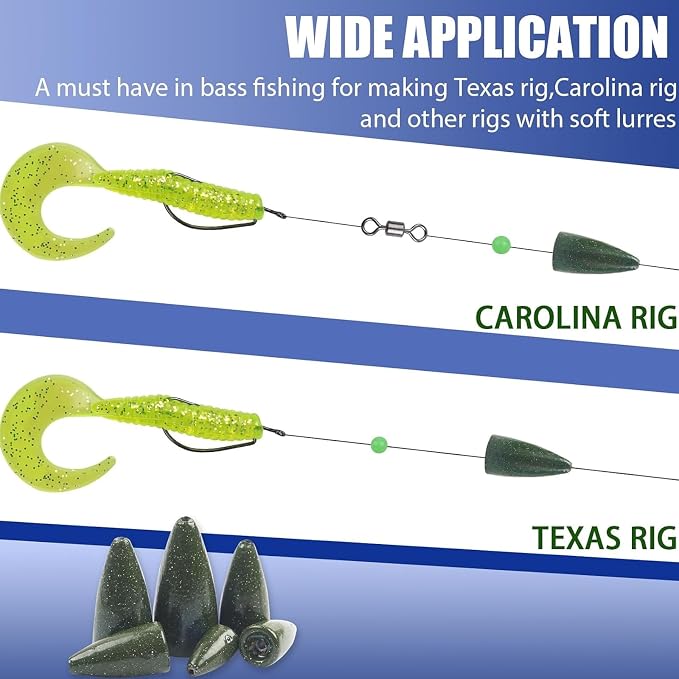 Bullet Fishing Weights Sinkers, 30pcs Worm Weights Fishing Sinkers for Bass Fishing Carolina Rig Texas Rig Slip Sinkers Sliding Fishing Weights Saltwater Freshwater