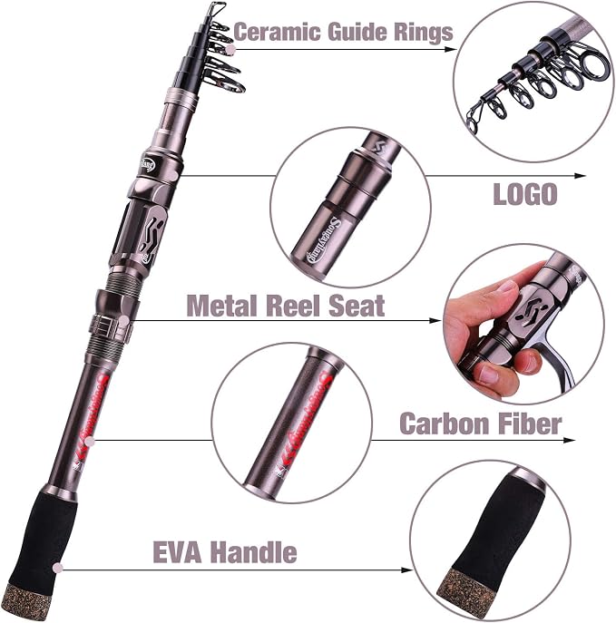 Sougayilang Telescopic Fishing Rod - 24 Ton Carbon Fiber,CNC Machined Reel Seat, Comfortable EVA Handle, Travel Fishing Rod for Bass Trout Fishing