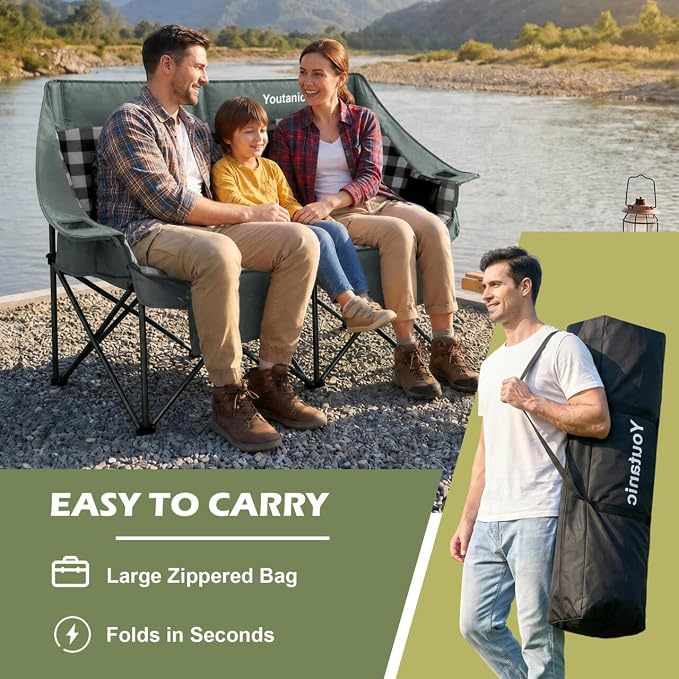 Youtanic Double Camping Chair, Heavy Duty 650lbs Padded Loveseat for Adults, Folding 2 Person Camp Couch with Cup Holder & Carry Bag, Wide Plaid Portable Lawn Seat for Outdoor Beach Sports, Gray