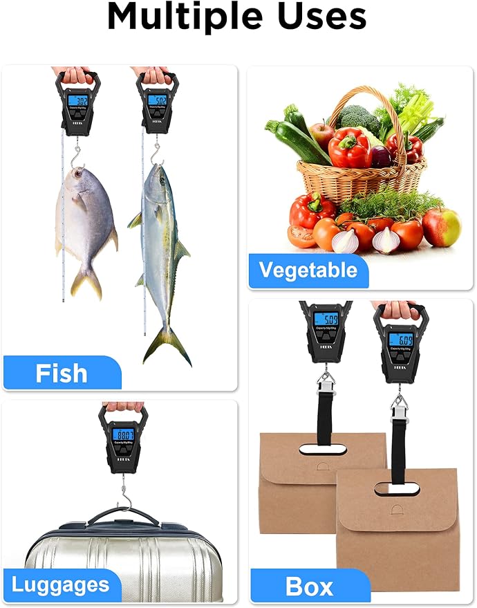 HEETA Waterproof Fish Scale Digital with Backlit LCD Display, 110lb/50kg Portable Hanging Scale Fishing Scale for Home and Outdoor, Measuring Tape and 2 AAA Batteries Included