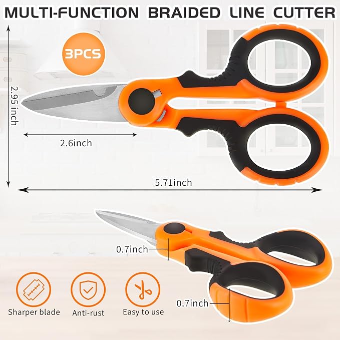 Honoson 3 Pcs 5.7" Fishing Scissors Braided Line Cutters Fishing Heavy Duty 3cr13 Non Slip Serrated Edge Scissors Saltwater Freshwater Braid Multi Function Snips for Trimming (Orange)