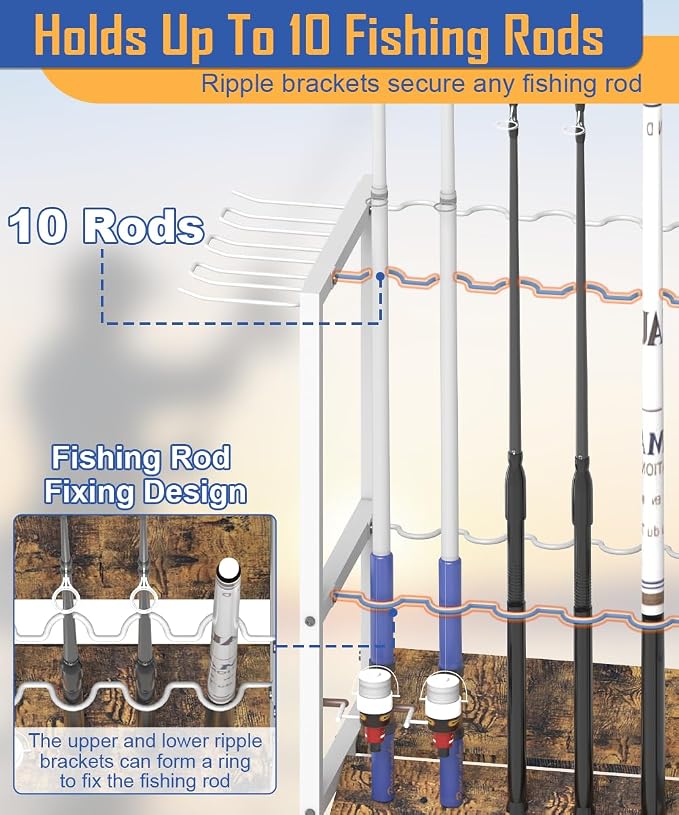 Fishing Rod Holders for Garage, Fishing Pole Holder Stand with Multifunctional Hook, 4 Tier Fishing Gear Equipment Organizers Rack, Fits Most Rods of 1.58" for Home Entryway Corner