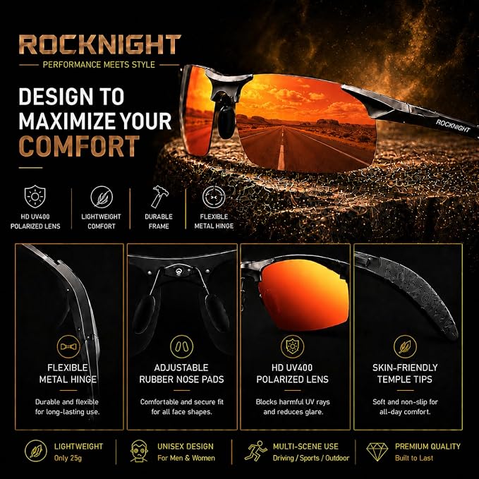 ROCKNIGHT Polarized Rectangular Sunglasses for Men Driving UV400 Protection Lightweight Al‑Mg Frame