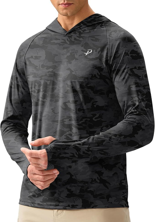 Pudolla Men's Sun Protection Hoodie Shirts UPF 50+ Rash Guard SPF Long Sleeve Fishing Shirt for Men Swim Hiking Boating