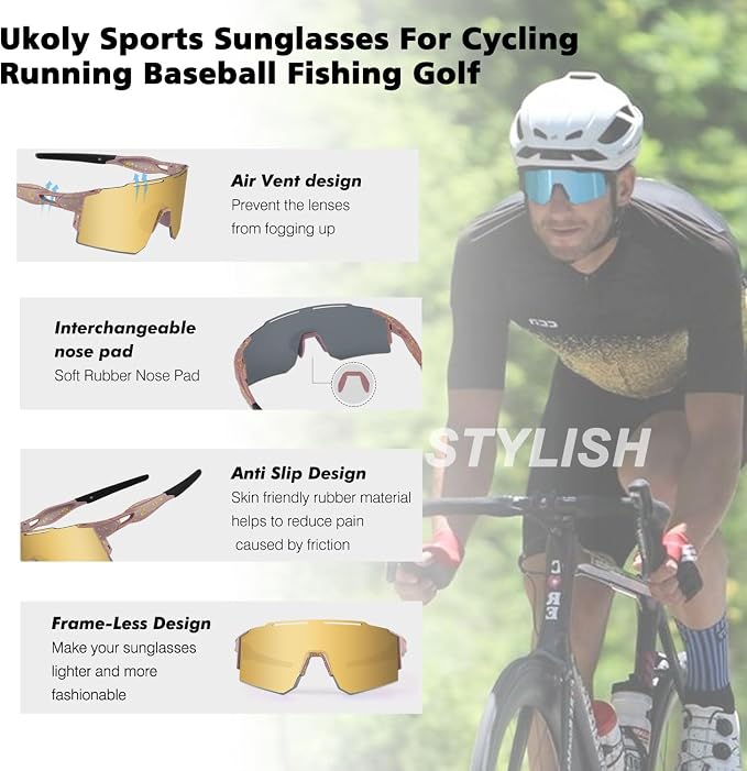 Ukoly Cycling Sunglasses for Men Women with 3 Interchangeable Lenses, Polarized Sports Sunglasses, Baseball Sunglasses