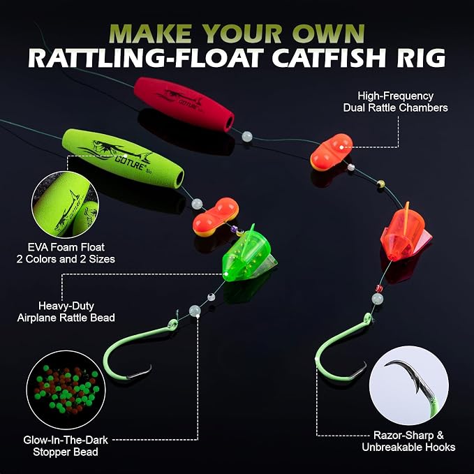 Goture Catfish Rig Making Kit,274pcs/300pcs Catfishing Tackle with Luminous Fishing Hook Swivel Sinker Weights Rattle Float Bobber Stoppers,Catfish Rigs Accessories with 3600 Tackle Box,Gifts for Men