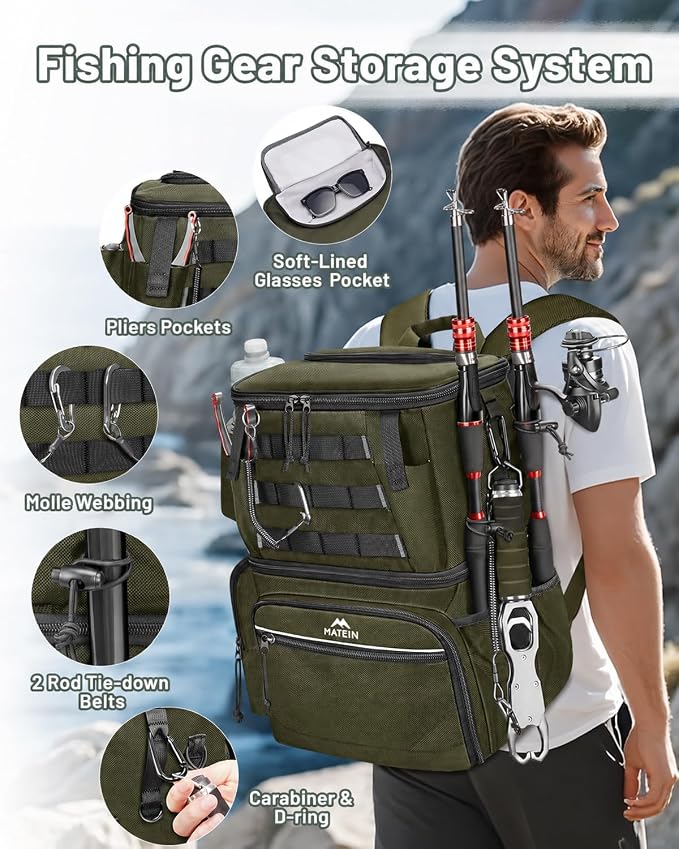 MATEIN Fishing Backpack with 4 Tackle Boxes, Fishing Bag with Rod Holder & Safety Compass & Cooler, Gifts for Fishermen