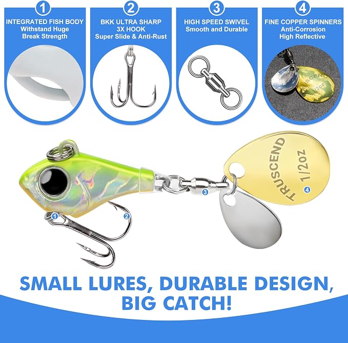 TRUSCEND Vibespinner Easy Catch Fishing Lures with BKK Hooks, Tail Spinner Baits with 4 Actions, Vibrating Swimming Flashing & Jigging for More Bites, Spoon Lures for Bass Trout Crappie Walleye Pike