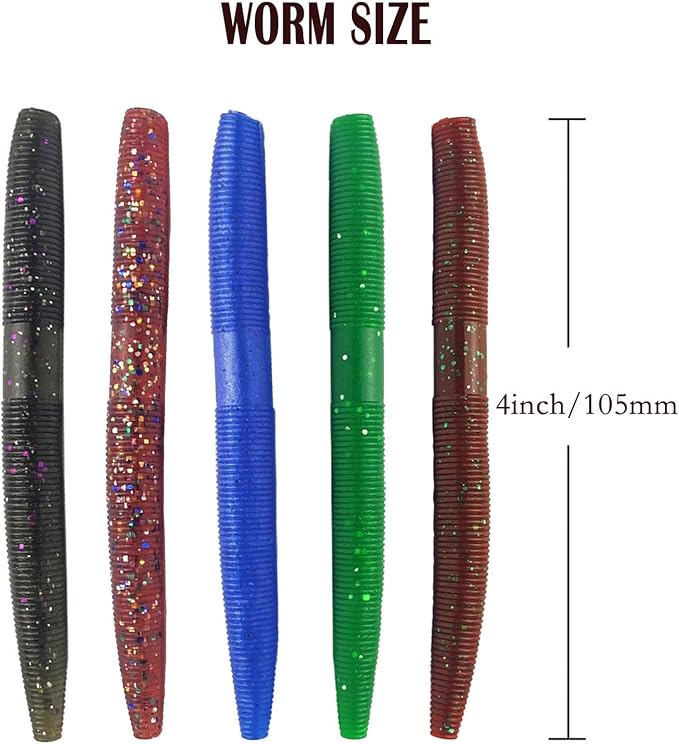 Senko Bait Soft Plastic Lures 20pcs - 4inch Wacky Rig Worms for Bass Fishing, 5-Color Mix Soft Stick Baits for Wacky & Carolina Rig Fishing