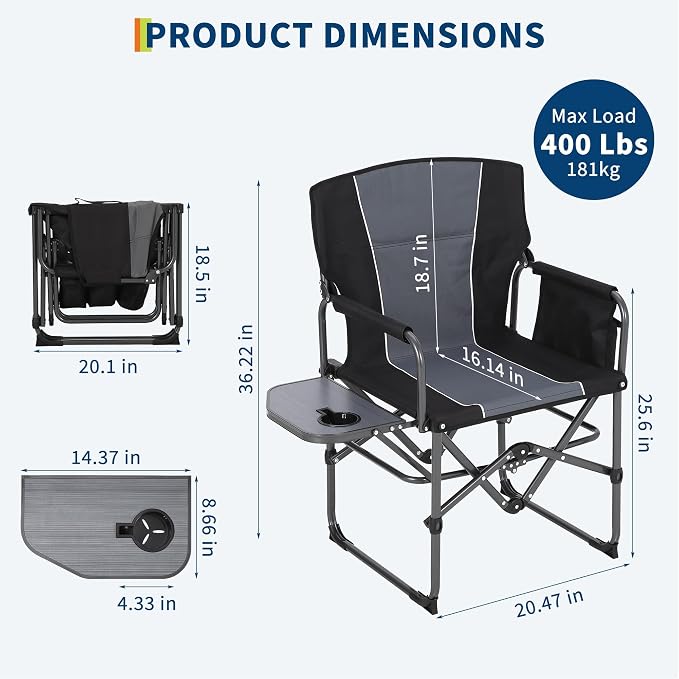 2 Pack Oversized Camping Directors Chair, Portable Folding Lawn Chairs for Adults with Side Table and Storage Pouch,Pocket for Beach, Fishing, Picnic,Concert,Tailgating, Heavy Duty Supports 330LBS