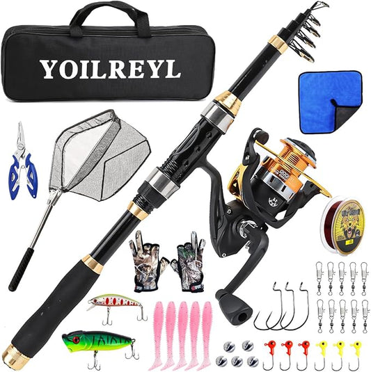 Yoilrey Fishing Rod and Reel Combo – 5.9ft Telescopic Fishing Pole Starter Kit with Spinning Reel, Fishing Line, Lure Box & Tackle Bag for Travel