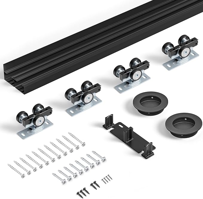 8FT Bypass Door Hardware, Closet Door Track Kit, Top-Mounted Style, Made of Heavy Duty Aluminum, Smoothly and Quietly, for 2 Doors System - Fit Min Door Panel Width of 45.5in, Black