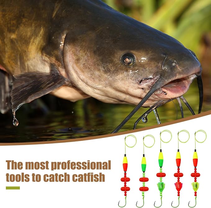 Catfish Rigs with 2oz Pyramid Sinker，High Carbon Circle Hooks 6/0 8/0，3/6pcs Catfish Float Rigswith Adjustable Bottom-lowering Device,Take Down Rigs for Catfish,Complete & Ready-to-Use Kit