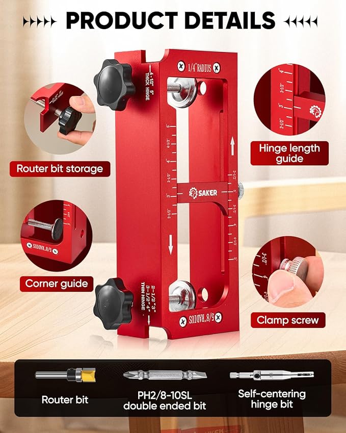 Saker Door Hinge Jig,Adjustable Door Jamb Hinge Jig,Aluminum Alloy Doors Hinges Router Jigs,Fits Door Hinges from 2.5" to 5" Length and Thicknesses,Radius 1/4” or Radius 5/8”
